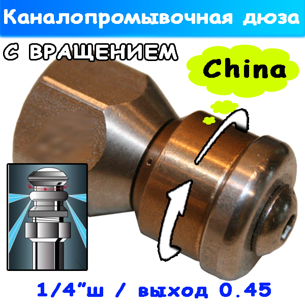 Дюза с вращением для чистки канализации на шланг 1/4" 045