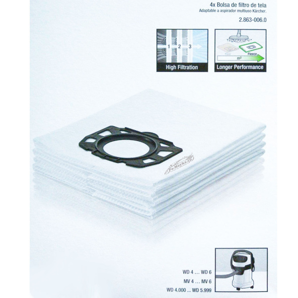 фильтр-мешки из нетканные на пылесосы karcher mv и wd, 2.863-006, 4 шт